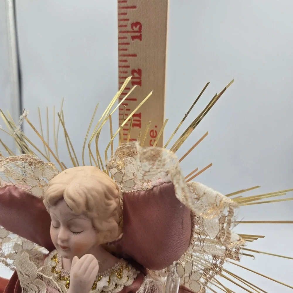 Vtg Midwest Importers Christmas Angel Tree Topper Pink Lace Porcelain Lights Up